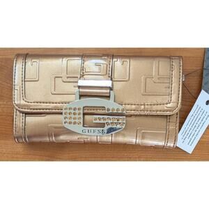 Guess Logo Wallet Gold Patent Faux Leather Trifold World SLG Organizer Glam NEW